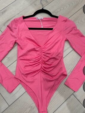 Zara Pink Ruched Long-Sleeve Bodysuit